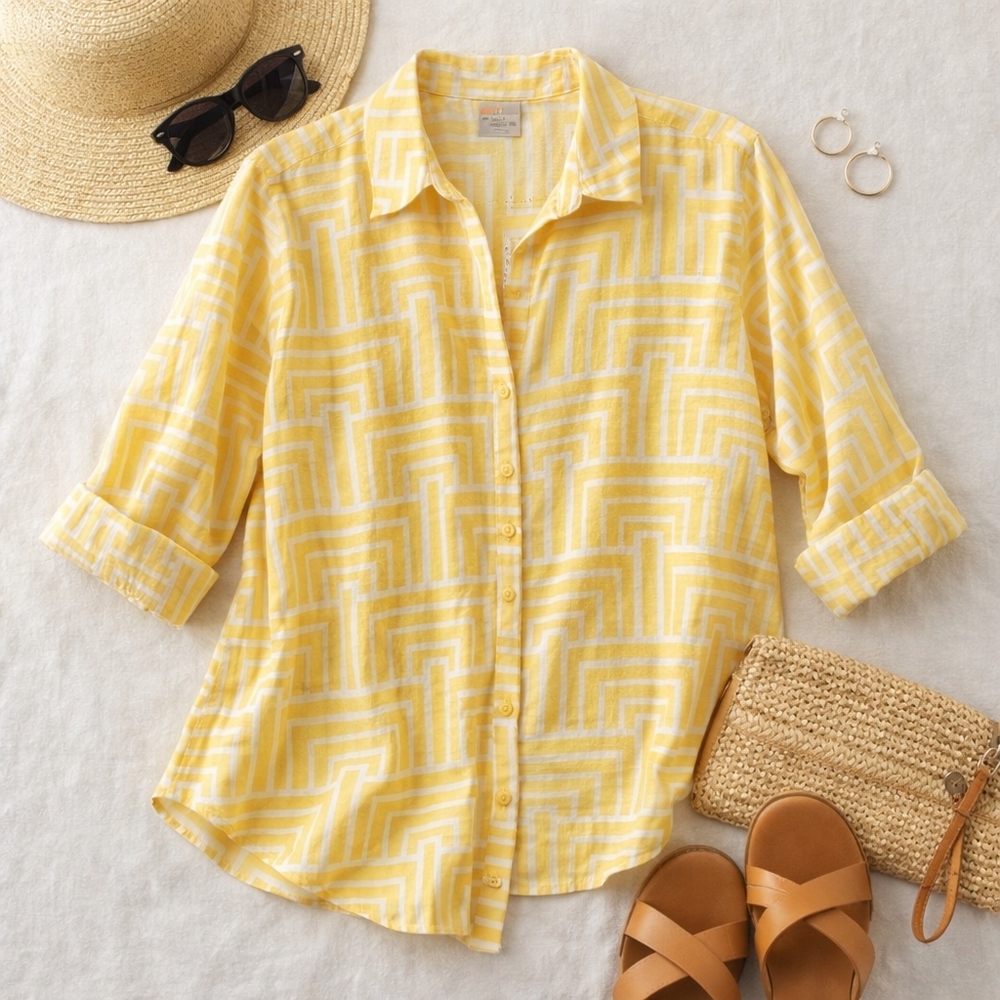 Chicos Yellow White Linen 3/4 Sleeve Button Up Casual Shirt. Chicos 2 (12)